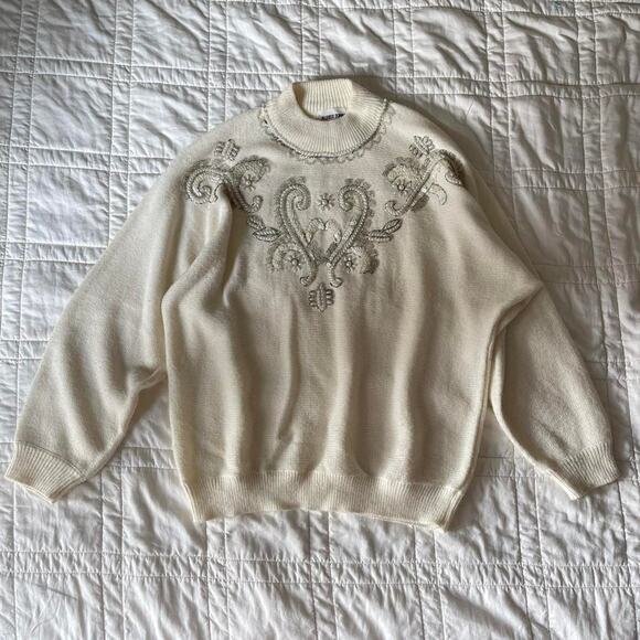vintage mock neck embellished pearl bead knit sweater sz XL fairy christmas - Picture 2 of 8